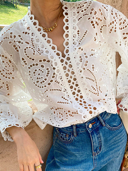 Long Sleeves Loose Hollow See-through Color Split-joint V-neck Blouses&shirts Tops