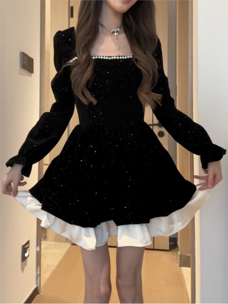Velvet Mini Dress Square Collar Flare Sleeve Ruffles Patchwork A-line Birthday Party Prom Robe Vestidos Mujer New