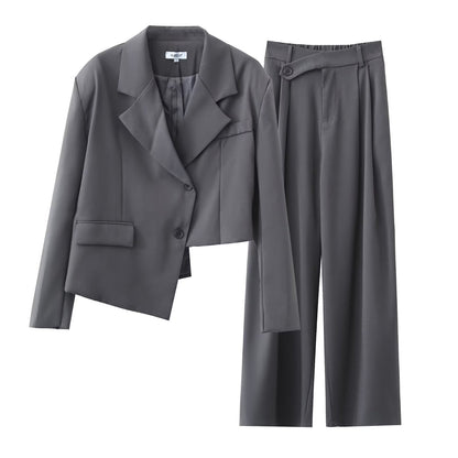 Autumn Winter Irregular Asymmetric Blazer High Waist Wide Leg Pants Set