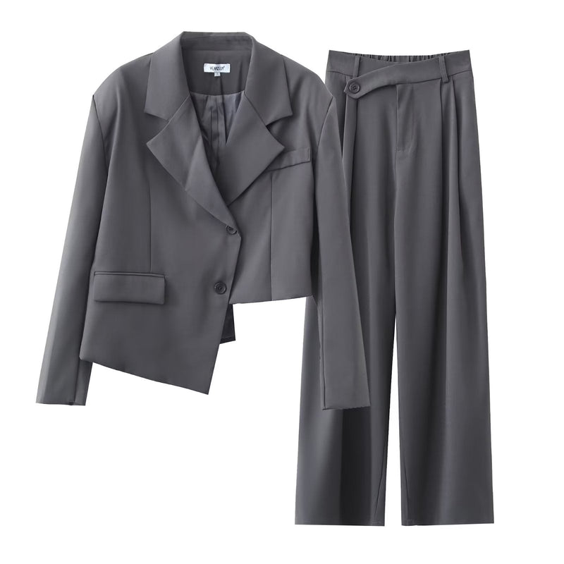 Autumn Winter Irregular Asymmetric Blazer High Waist Wide Leg Pants Set