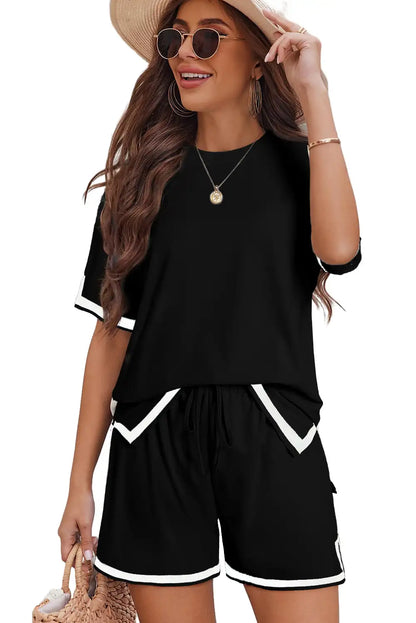Black Color Block Tee and Shorts Set