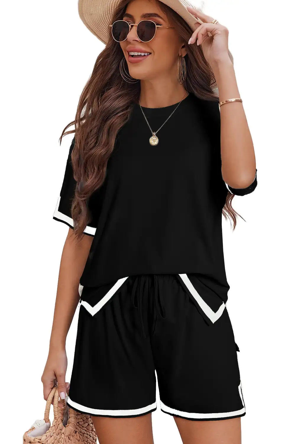 Black Color Block Tee and Shorts Set