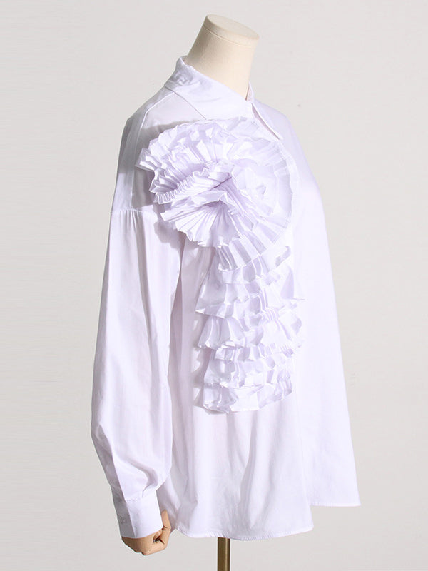 Long Sleeves Loose Asymmetric Buttoned Pleated Color Split-joint Three-dimensional Flower Lapel Blouses&shirts Tops
