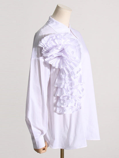Long Sleeves Loose Asymmetric Buttoned Pleated Color Split-joint Three-dimensional Flower Lapel Blouses&shirts Tops