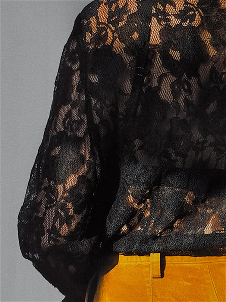 Tossy Lace Printed See-through Shirts for Lapel Hollow Out Long Sleeve Patchwork Cardigan ’s Loose Shirts Summer