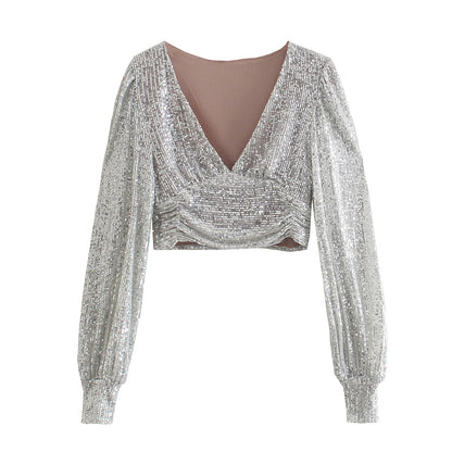 Clothing Party Puff Sleeve Sequined Blouse Long Sleeve Top