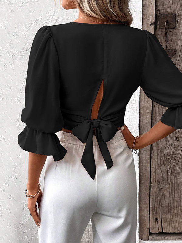 Half Sleeves Loose Elasticity Hollow Ruffled Color Tied V-neck Blouses&shirts Tops