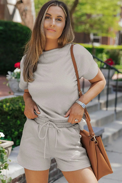 Cool Gray Textured Drawstring Shorts Set