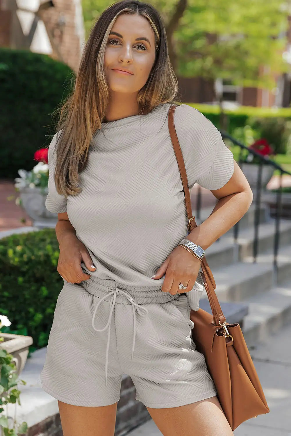 Cool Gray Textured Drawstring Shorts Set