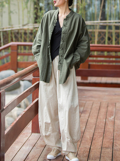 Batwing Sleeves Loose Chinese Frog Buttons Pleated Color Split-joint Stand Collar Blouses