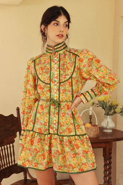 Puff Long Sleeve High Collar Lace Up Ruffle Mini Dress