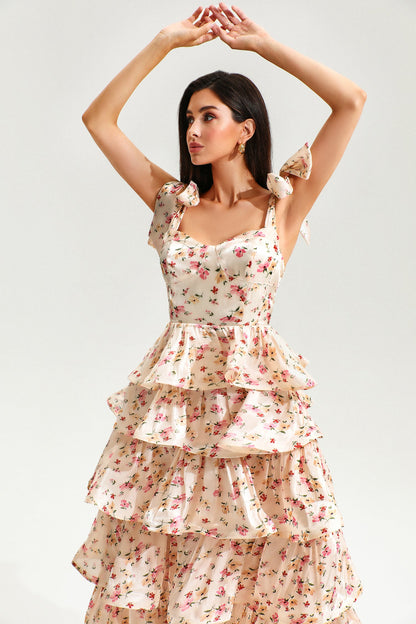 Lace Up Tiered Ruffle Hem Cami Maxi Dress