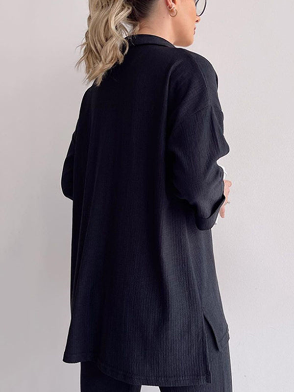 Color High-low Split-side Lapel Blouses + High Waisted Pants Bottom Two Pieces Set
