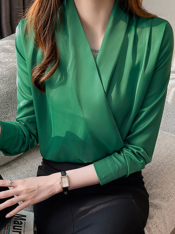 Long Sleeves Loose Buttoned Color V-neck Blouses&shirts Tops