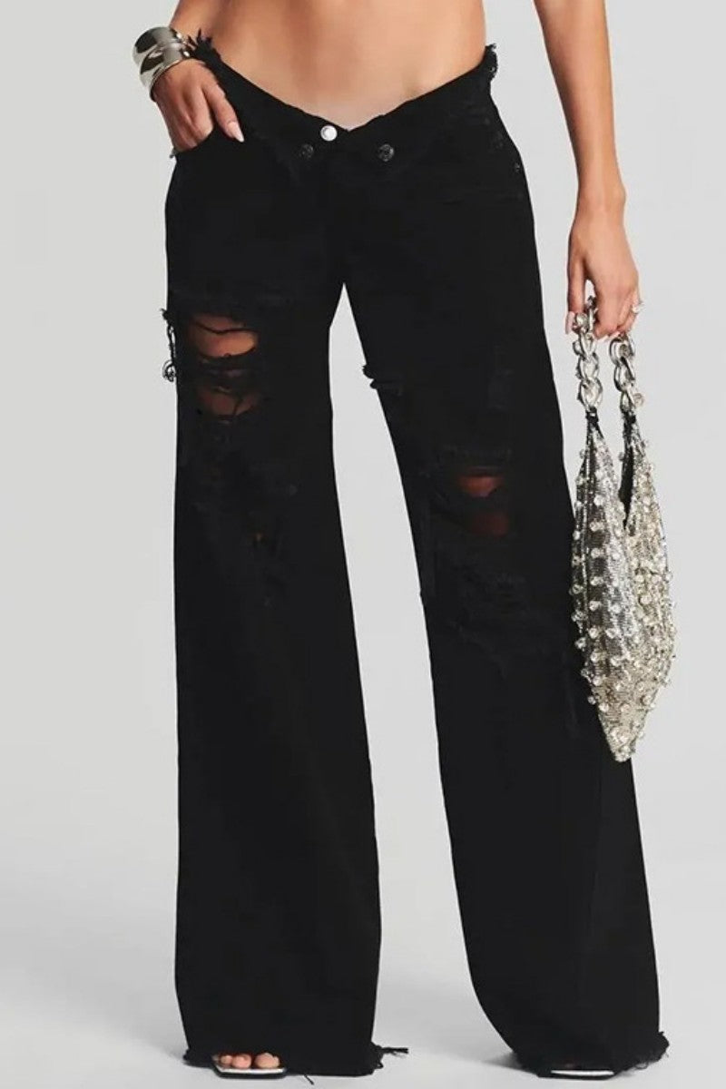 Ripped Patchwork Mid Waist Regular Denim Jeans (subject to the Actual Object)