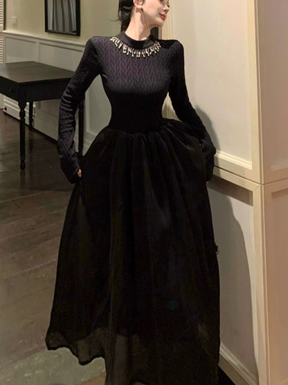 French Midi Dress Patchwork O-neck Long Sleeve Autumn Spring A-line Evening Party Prom Robe Wedding Vestidos Mujer