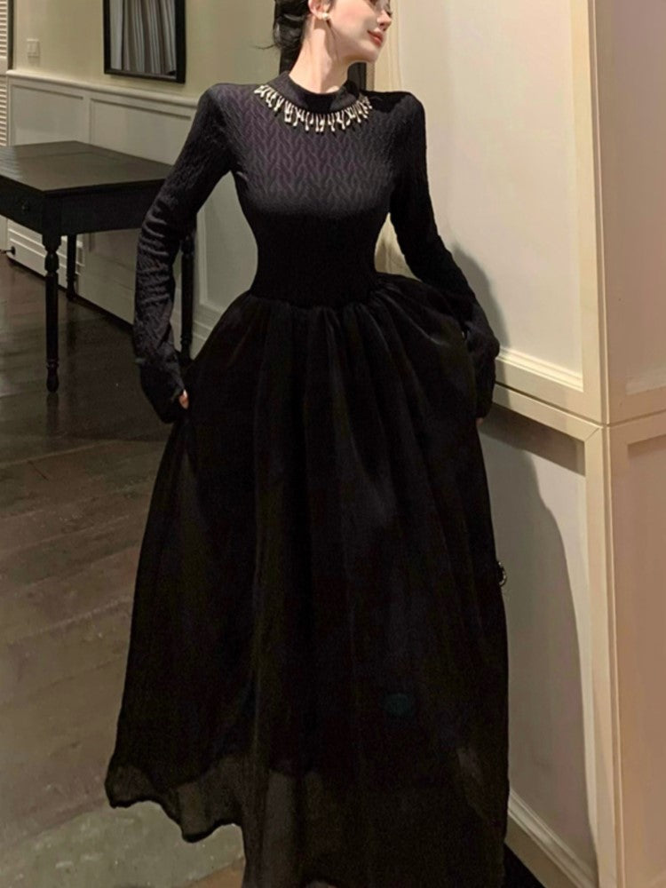 French Midi Dress Patchwork O-neck Long Sleeve Autumn Spring A-line Evening Party Prom Robe Wedding Vestidos Mujer