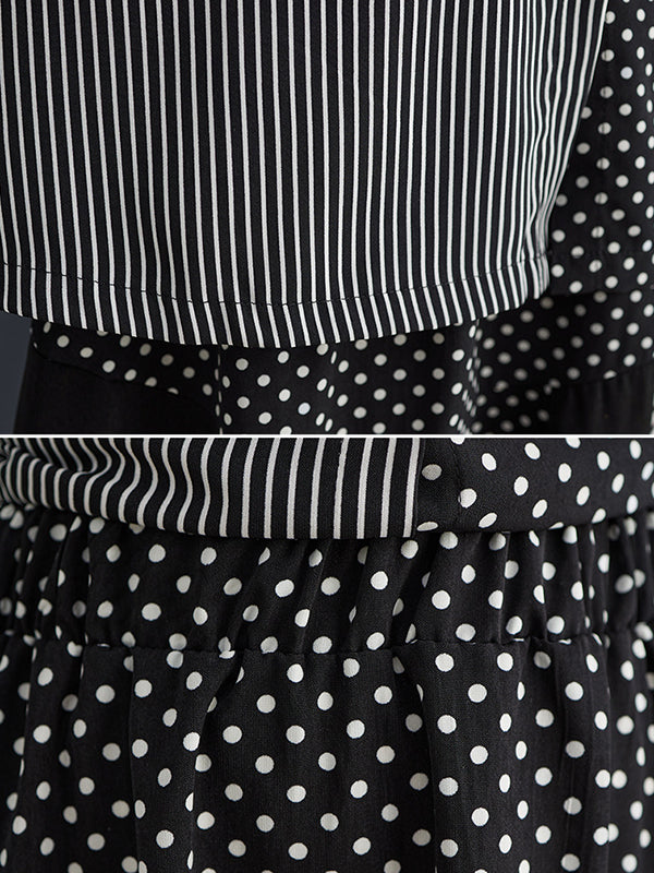 Loose Oversize Striped Polka-dot Split-joint Blouse Top A-line Skirt Bottom Two Pieces Set