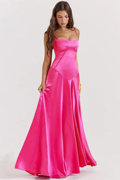 Satin Lace Up Maxi Dress Fuchsia