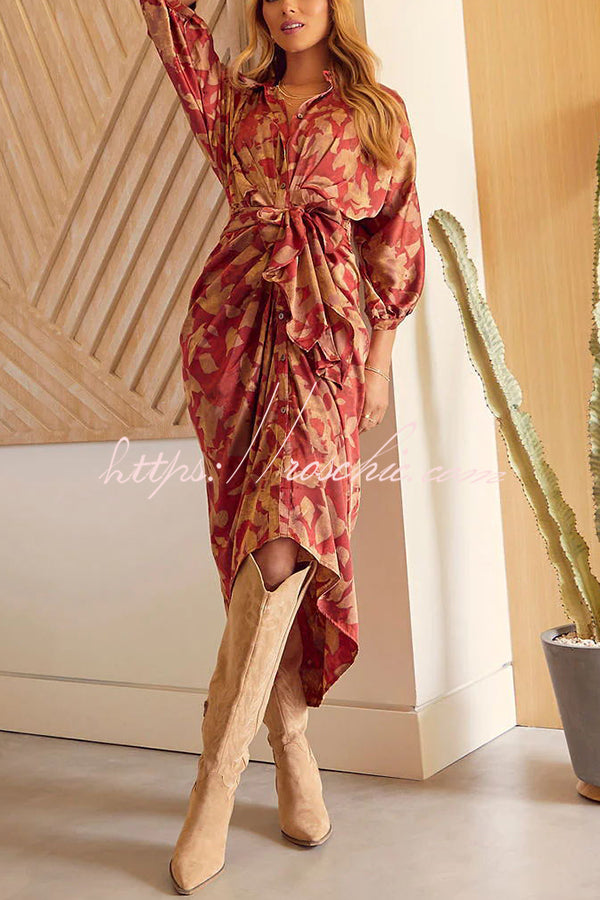And Charming Satin Adjustable Waist Tie Button Draped Shirt Midi Dress