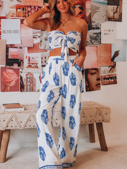 Bandeau Top Two Piece Bow Tank Top Printed Wide Leg Pants Coord Set