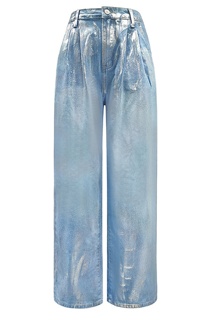 Street Gradient Print Pocket Sequined Contrast High Waist Loose Denim Jeans
