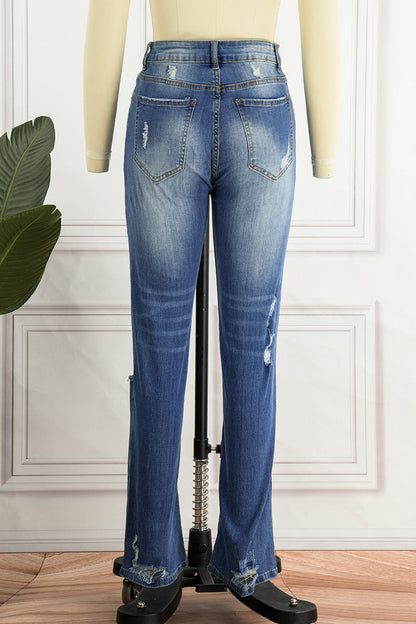 Street Patchwork Ripped Straight Denim Jeans(3 Colors)