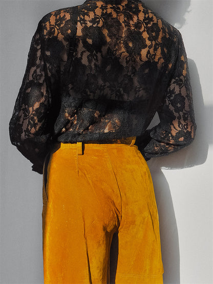 Tossy Lace Printed See-through Shirts for Lapel Hollow Out Long Sleeve Patchwork Cardigan ’s Loose Shirts Summer