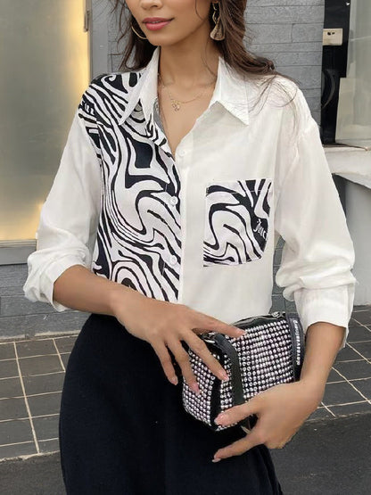Long Sleeves Loose Asymmetric Buttoned Zebra-stripe Lapel Blouses&shirts Tops
