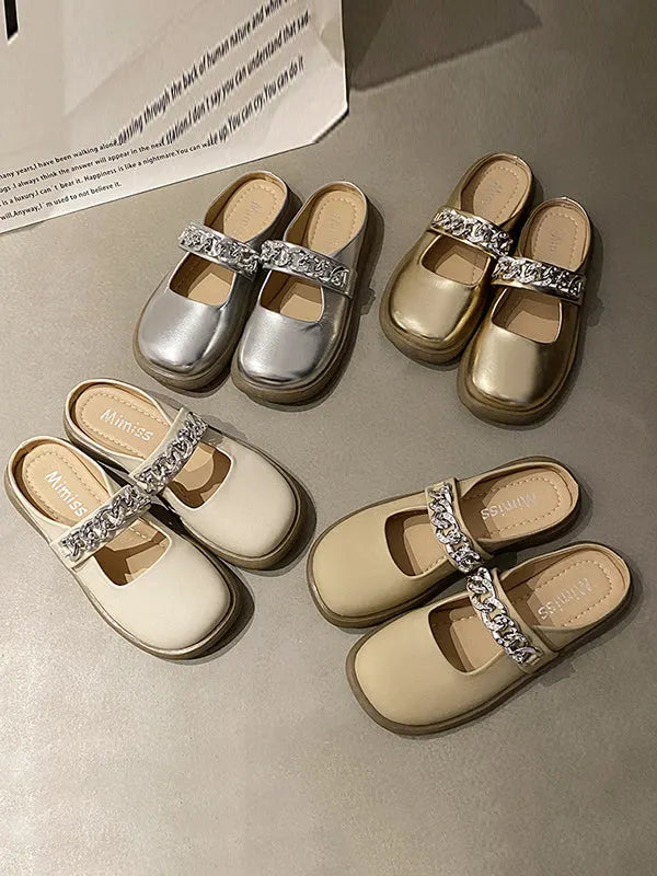 Chains Round-toe Shallow Cut Split-joint Mary Janes Slippers