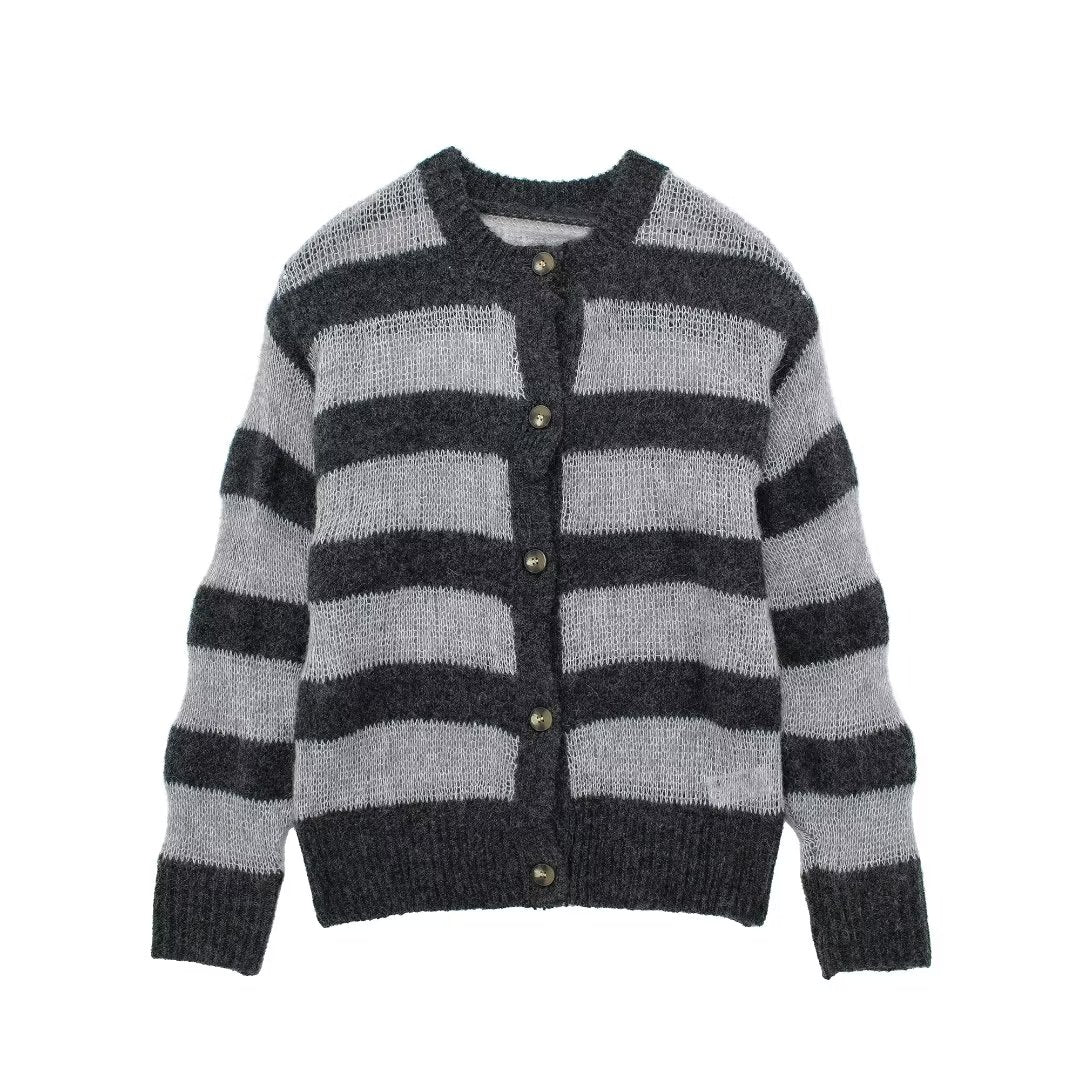 ’s Autumn Round Neck Gray Long Sleeves Sweater Striped Knitted Cardigan Coat