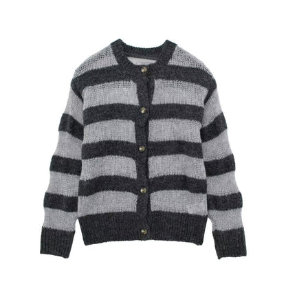’s Autumn Round Neck Gray Long Sleeves Sweater Striped Knitted Cardigan Coat