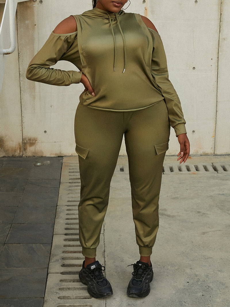 Hooded Collar Cut Out Side Pocket Tracksuit Set Autumn Winter Round Neck Long Sleeve Two Pieces Pants Sets for