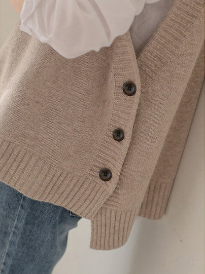 Simple Sleeveless Loose Buttoned Color Round-neck Sweater Vest Outerwear