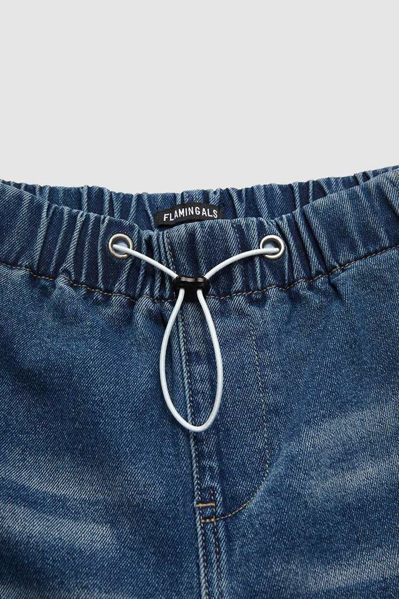 Distressed Draw String Ruched Mid Waist Loose Denim Jeans