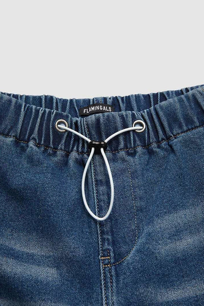 Distressed Draw String Ruched Mid Waist Loose Denim Jeans