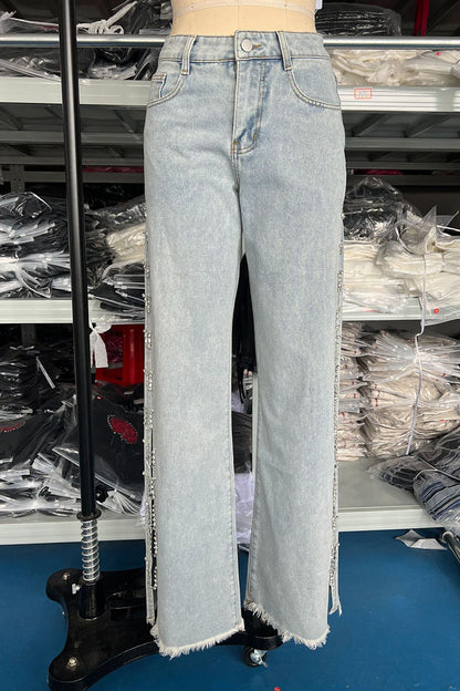 Sportswear Rhinestone High Waist Loose Denim Jeans