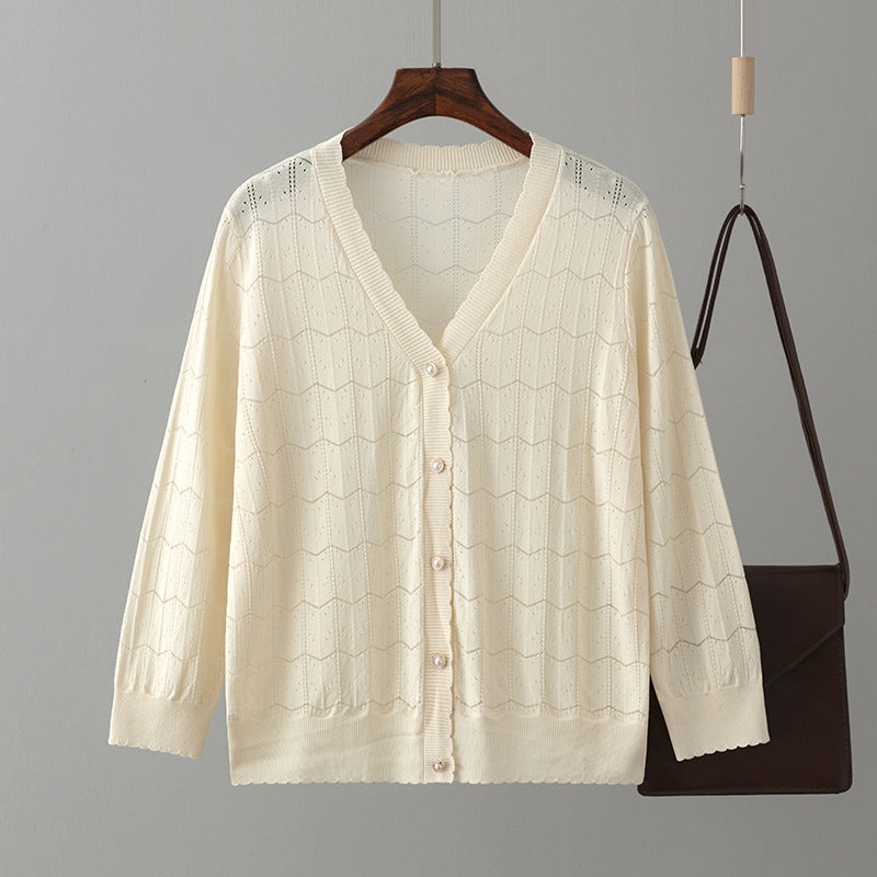 V Neck Hollow Out Cutout Knitted Cardigan Coat Spring Summer Short Small Thin Sun Protection Clothing Top