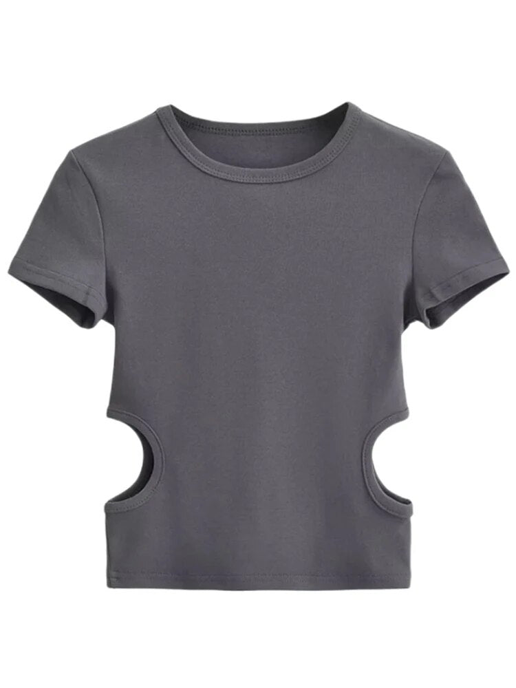 Side Waist Off Short Top ’s Round Neck Slim Fit Versatile Color Short Sleeve T-shirt Summer