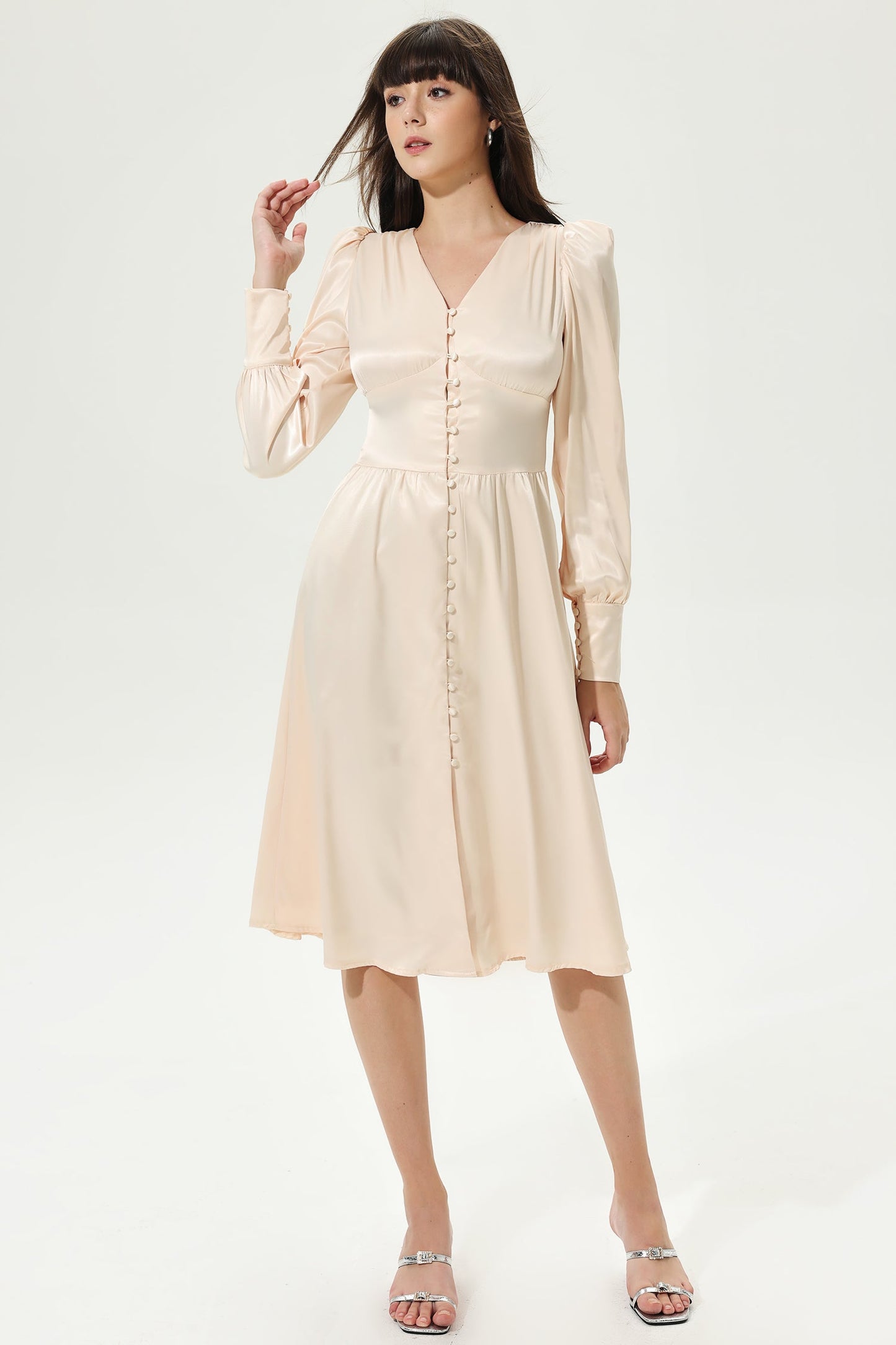 Lantern Sleeve V-neck Buttoned Midi Dress White