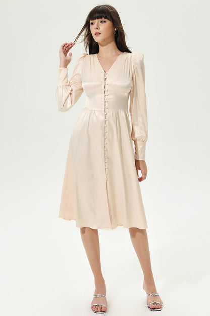 Lantern Sleeve V-neck Buttoned Midi Dress White