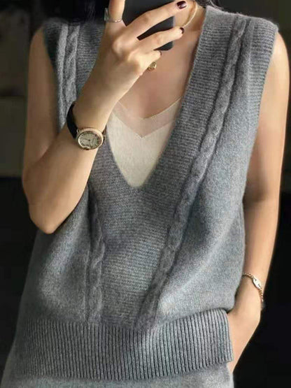 Loose Knitting Sleeveless Color V-neck Vest Top