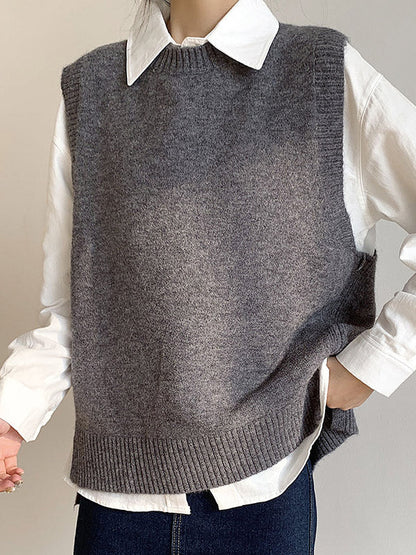 High-low Loose Color Split-joint Split-side Round-neck Knitwear Vest Top