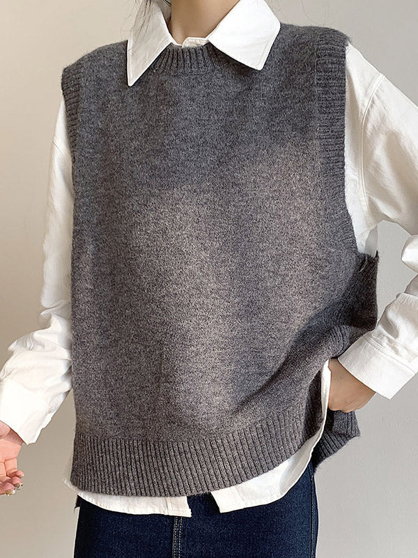 High-low Loose Color Split-joint Split-side Round-neck Knitwear Vest Top