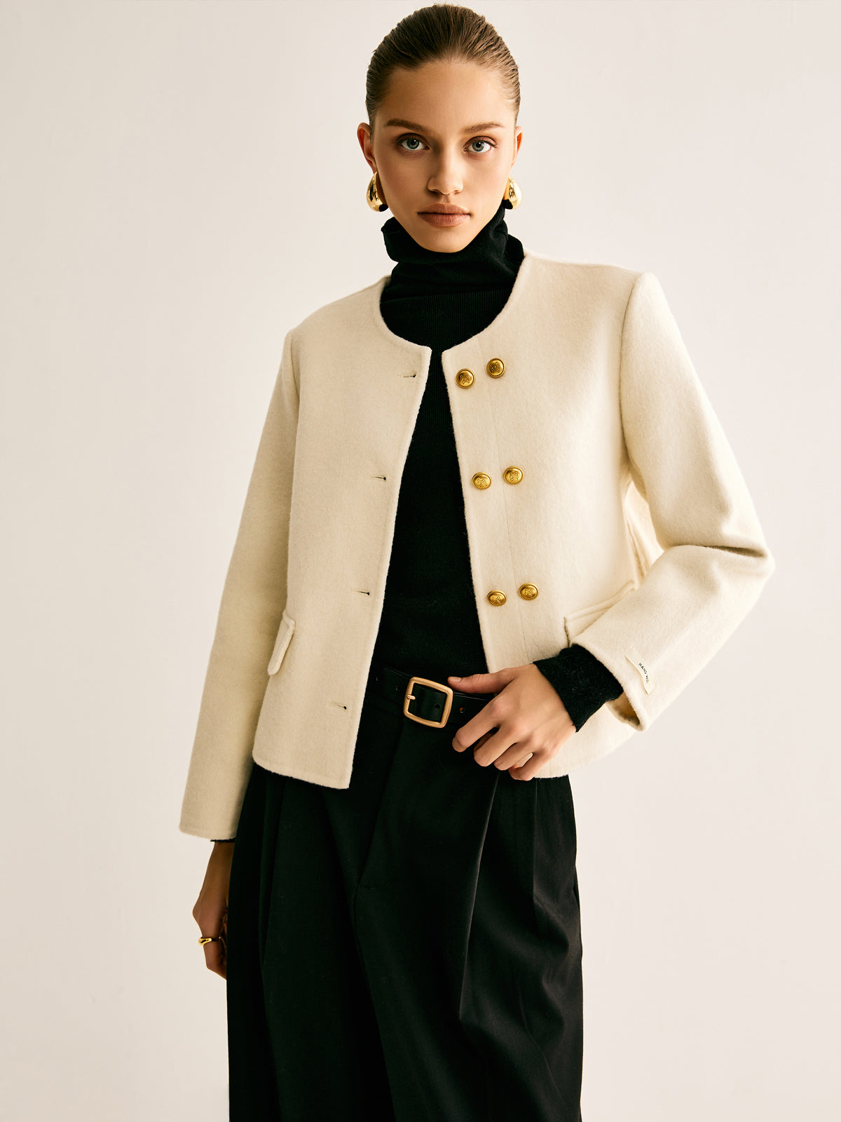 Woollen Blend Tweed Breasted Coat