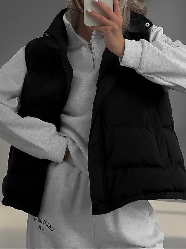 Loose Sleeveless Drawstring Split-joint Zipper Hooded Padded Vest