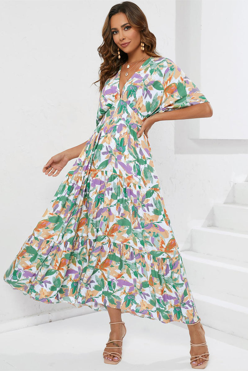 V-neck Short Sleeve Maxi Dress