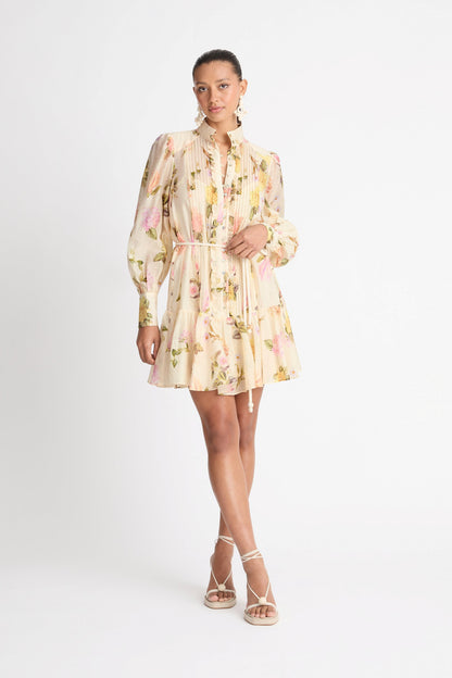 Puff Long Sleeve Buttoned Lace Up Ruffle Hem Mini Dress