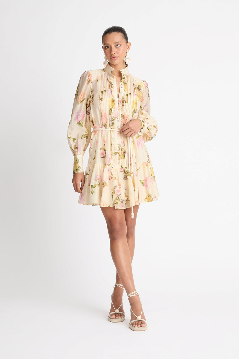 Puff Long Sleeve Buttoned Lace Up Ruffle Hem Mini Dress