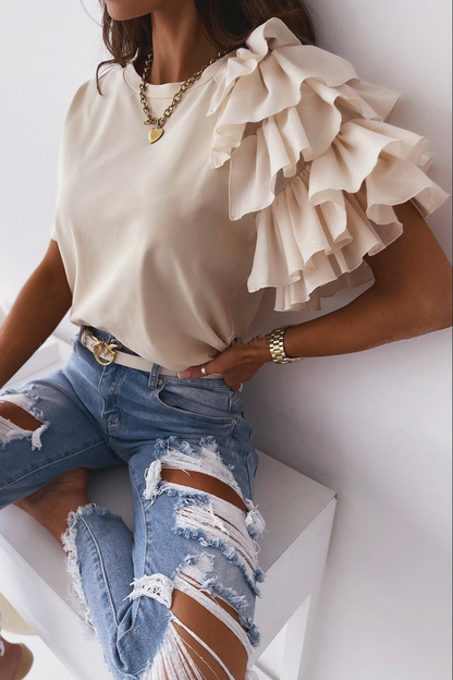 Patchwork Flounce O Neck T-shirts(4 Colors)
